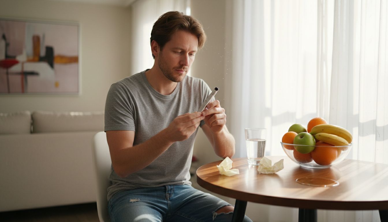 Beginner examining CBD vape pen at kitchen table