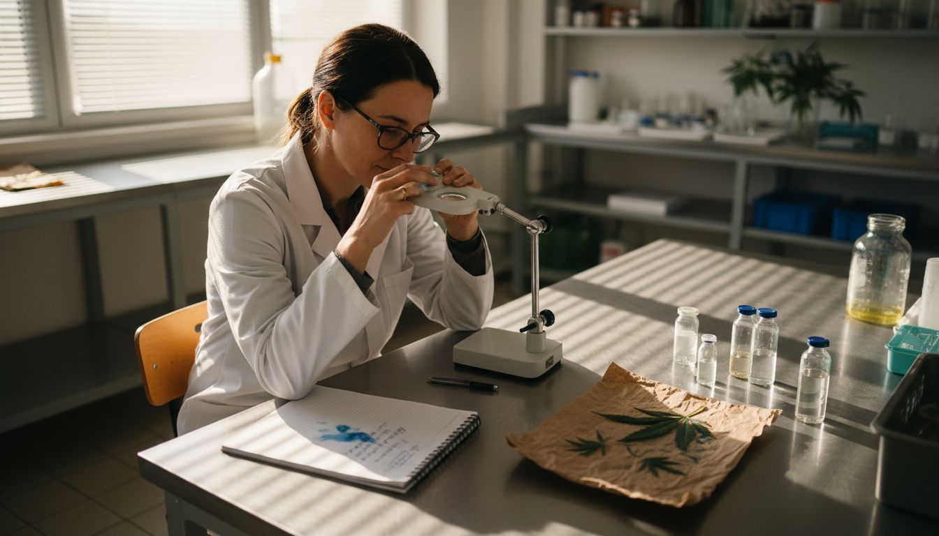 Scientist examining cannabis leaf at cluttered lab desk
