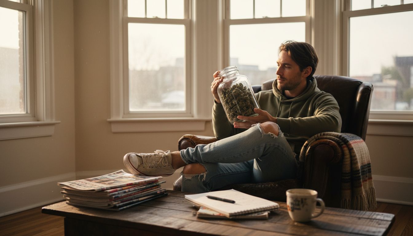 Man examining cannabis flower in sunlit living room