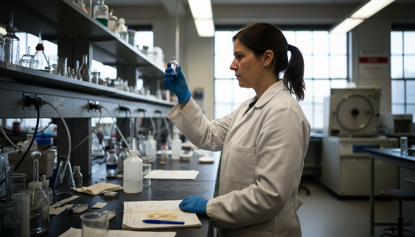 Científica revisando cannabinoides en laboratorio moderno