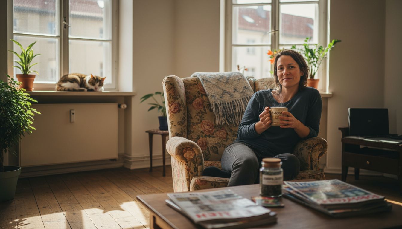 Eine Frau genießt entspannt eine Tasse Hanftee im sonnendurchfluteten Wohnzimmer.