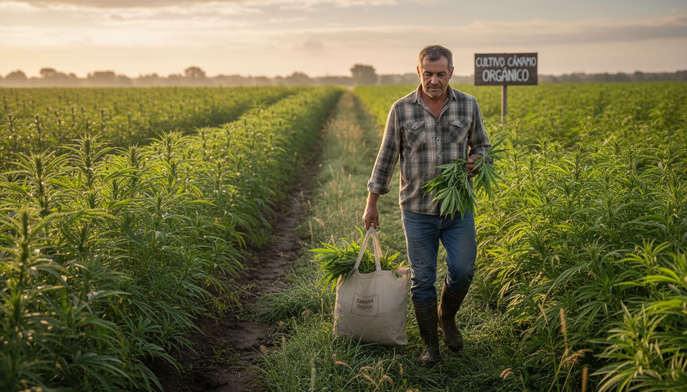 Un trabajador recolecta plantas de cáñamo al amanecer.