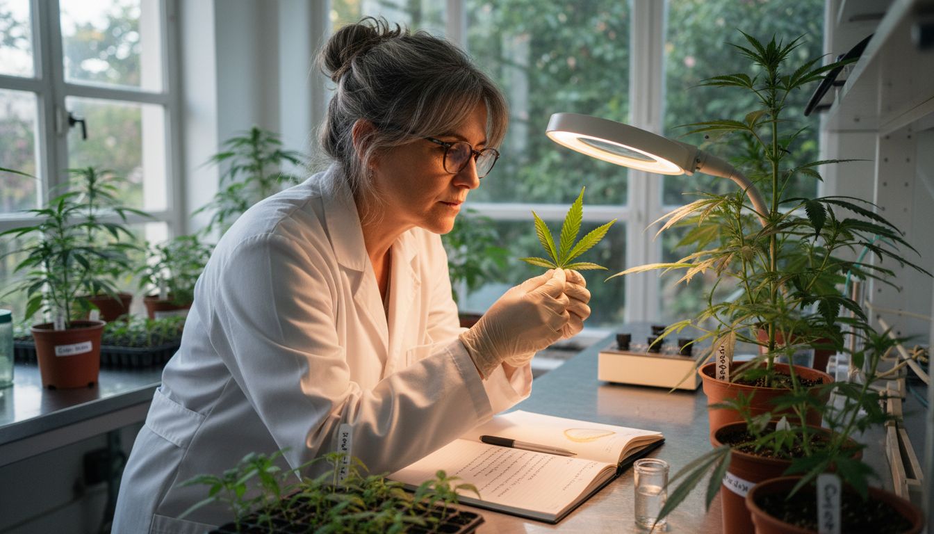 Investigador analiza una planta de cannabis en el laboratorio.