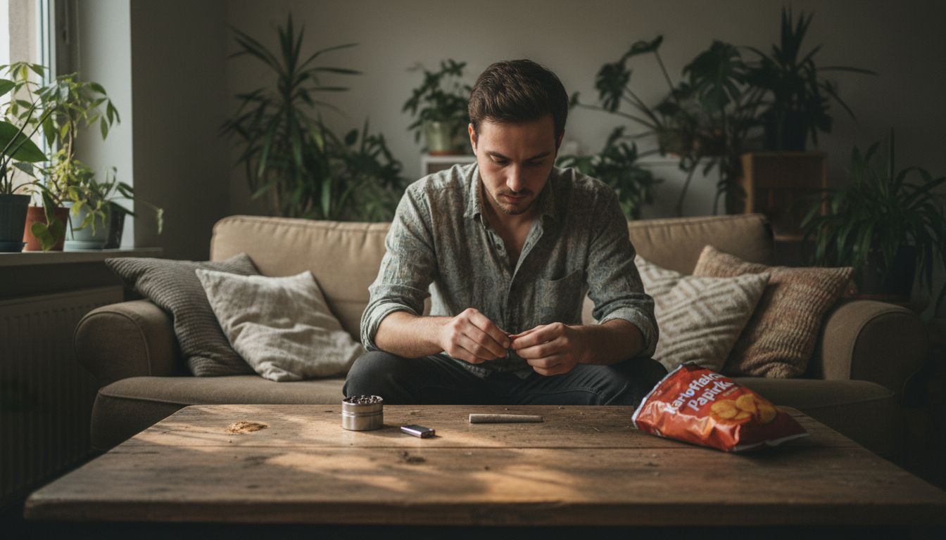 Ein Mann dreht sich einen Joint an einem unaufgeräumten Tisch.
