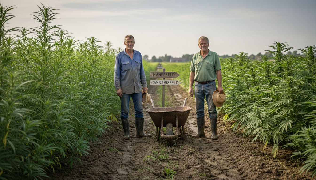 Landwirte begutachten und vergleichen ihre Hanf- und Cannabisfelder miteinander.