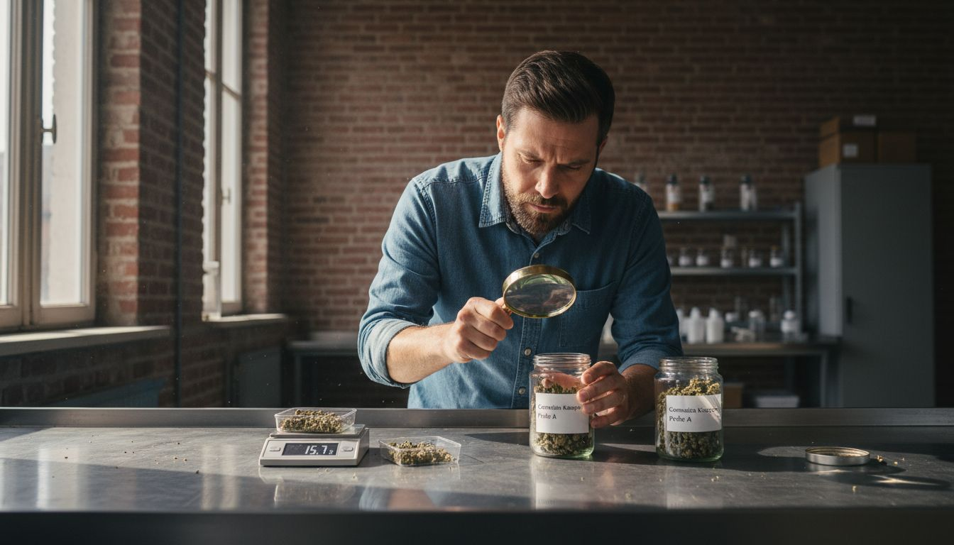 Ein Laborfachmann prüft Cannabis sorgfältig auf Qualität und Reinheit.