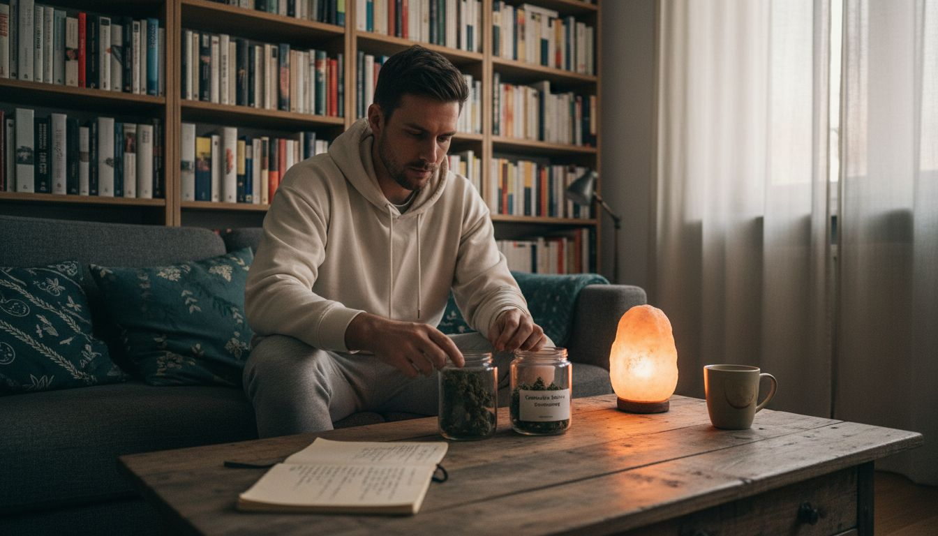Ein Mann genießt einen entspannten Abend mit Cannabis in seinem gemütlichen Wohnzimmer.