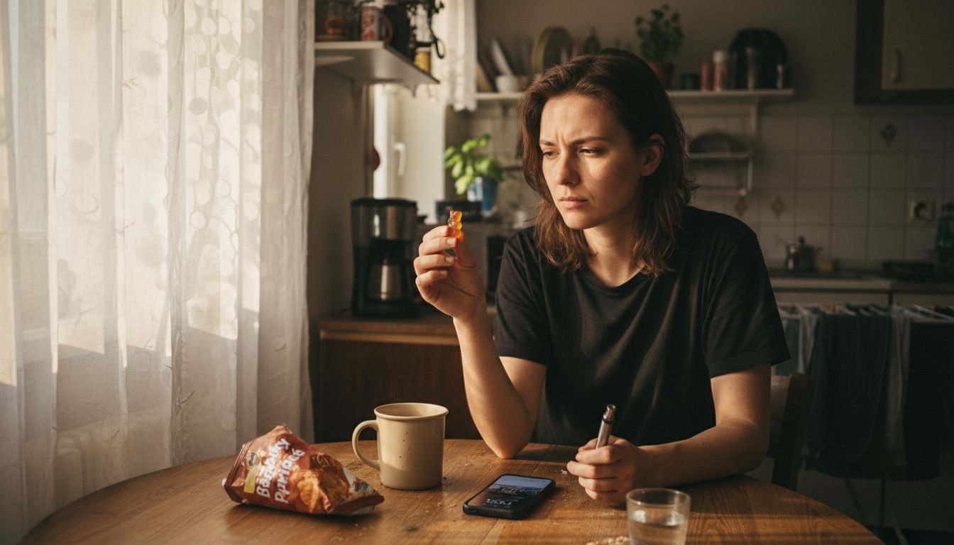 Žena u kuchyňského stolu porovnává jedlý konopný produkt s vaporizérem.