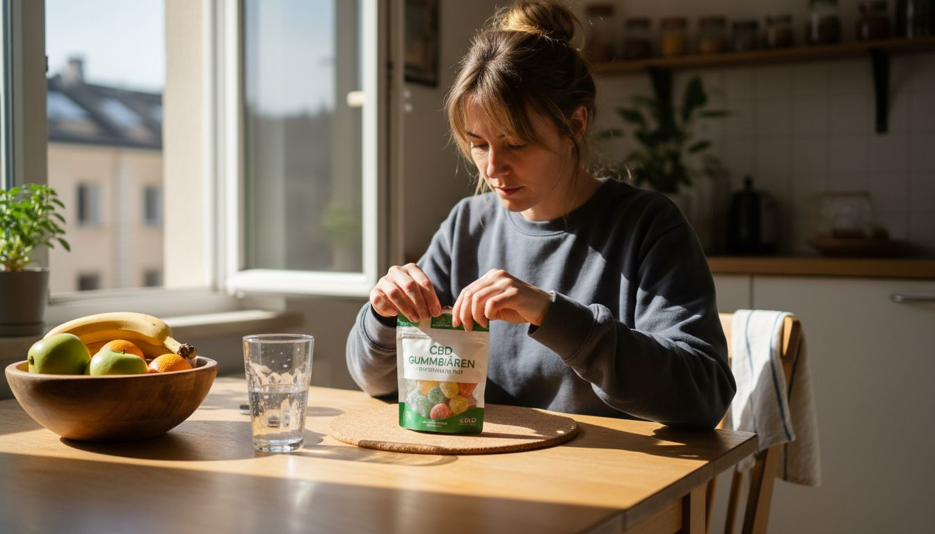 Eine Frau sitzt am Küchentisch und öffnet eine Packung CBD-Fruchtgummis.
