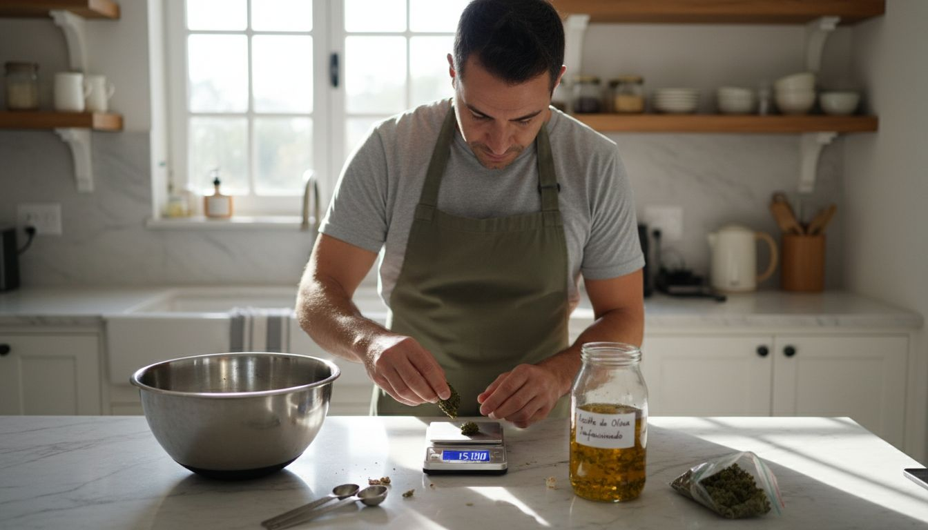 Hombre elaborando aperitivos con cannabis en la cocina de su casa