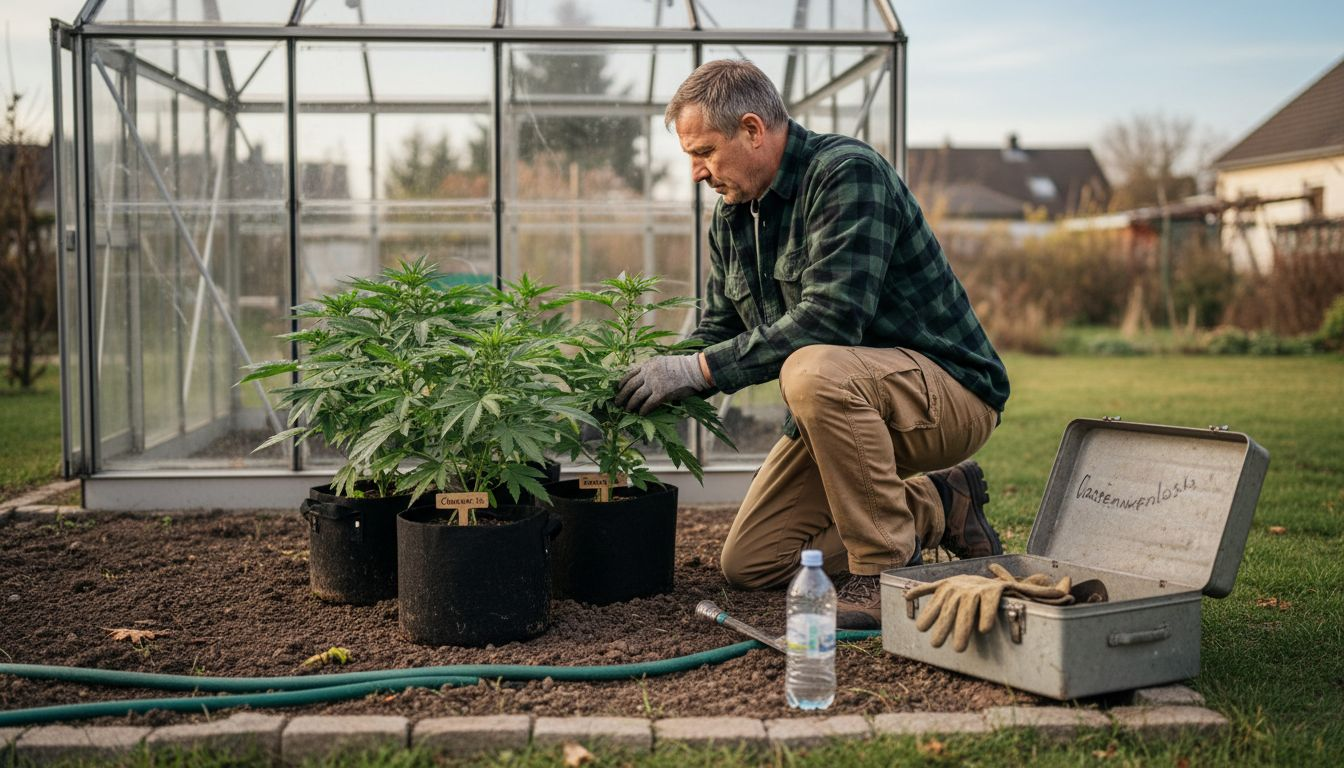Ein Cannabiszüchter begutachtet seine Pflanzen im Freien und prüft deren Wachstum.