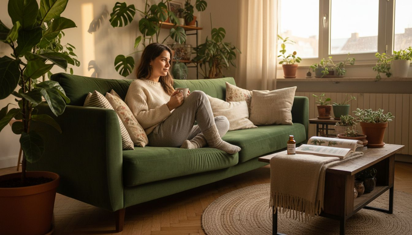 Mujer disfrutando de un momento de calma en casa mientras se prepara para tomar CBD