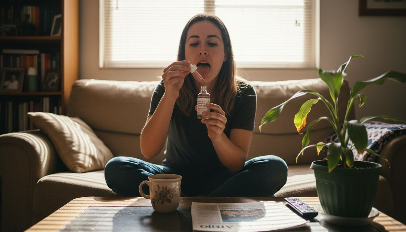 Mujer aplicando cannabinoides en una habitación