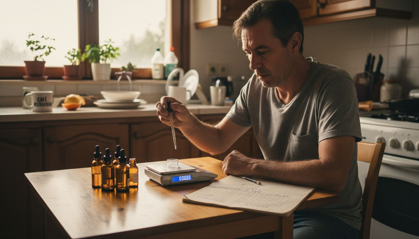 Un hombre prepara y mide la dosis de cannabis en la mesa de su cocina.