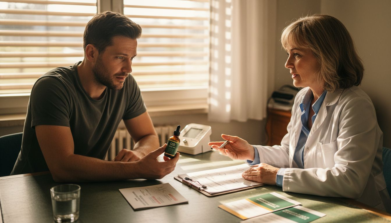 Ein Patient spricht mit seinem Arzt über mögliche Nebenwirkungen von CBD.
