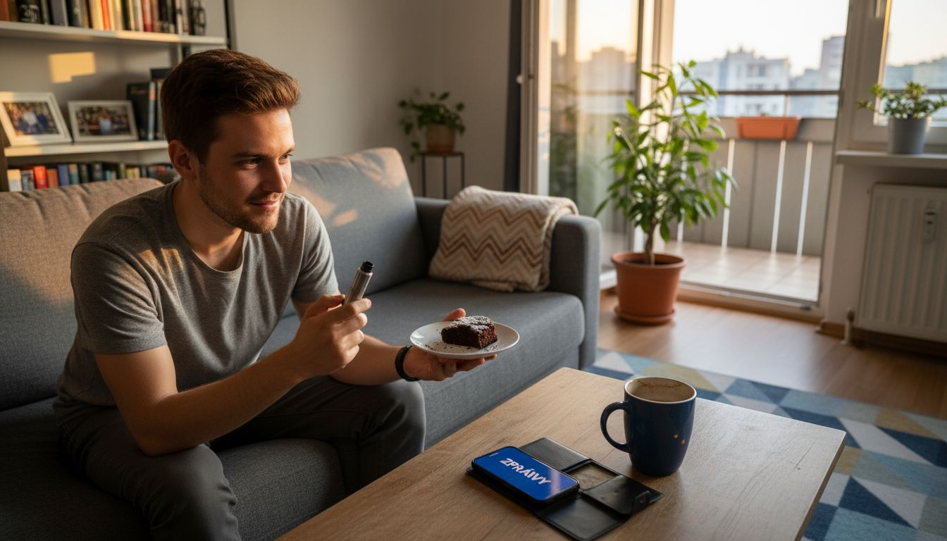 Chlápek si doma užívá vapování a mlsá jedlý konopný produkt.