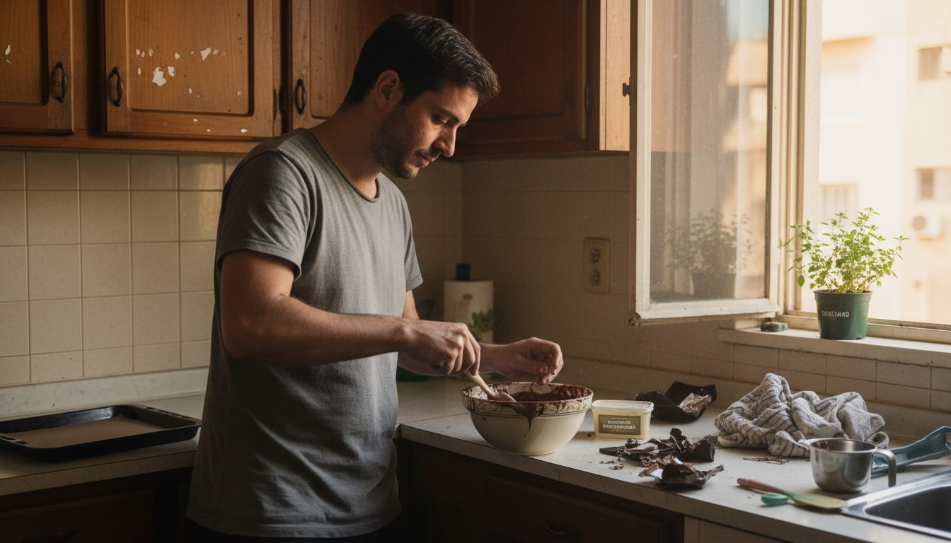 Hombre elaborando comestibles de cannabis en la cocina de su casa