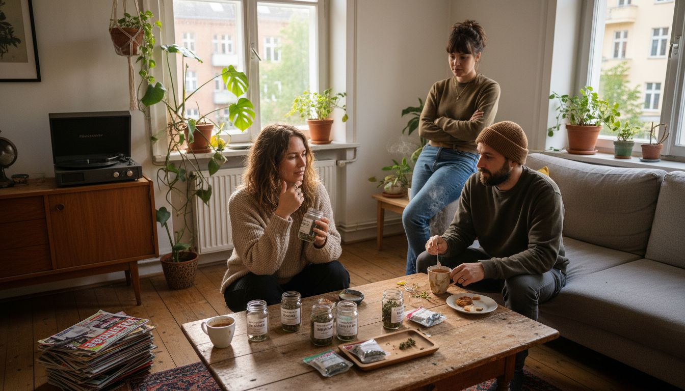 In einer Berliner Wohnung tauschen sich Erwachsene über Cannabis aus.