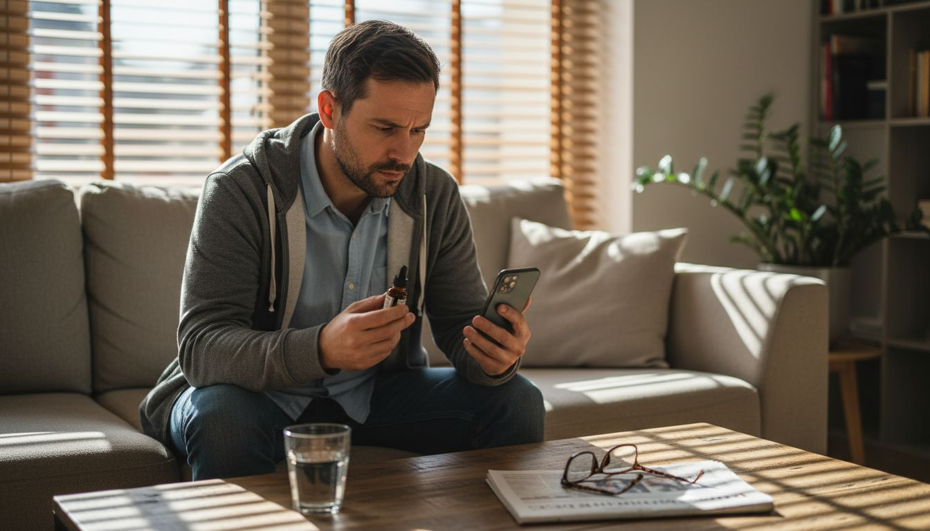 Muž si doma pečlivě pročítá návod k používání CBD.