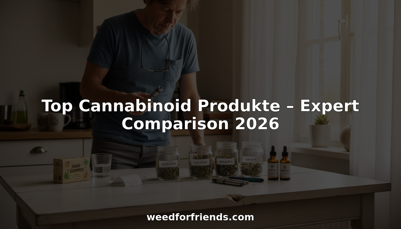 Ein Mann sitzt am Küchentisch und vergleicht verschiedene Cannabinoid-Produkte miteinander.