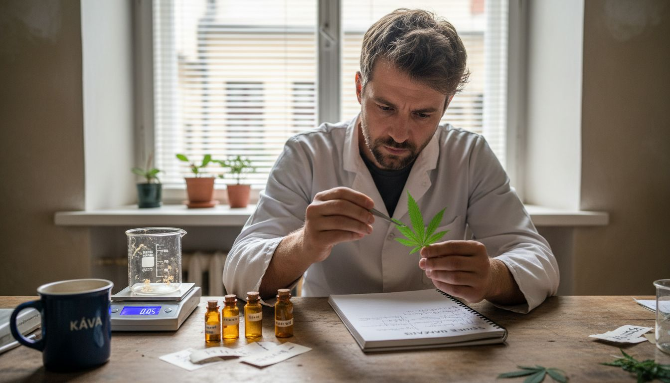 Vědec zkoumá vzorky konopí u přeplněného pracovního stolu.