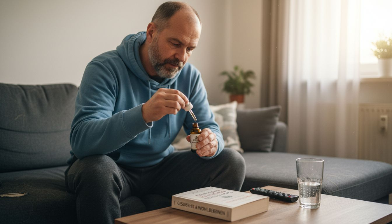 Ein Mann tropft sich in seinem gemütlichen Wohnzimmer CBD-Öl unter die Zunge.
