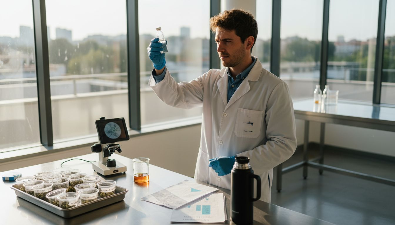 Técnico de laboratorio especializado en cannabis analiza una muestra de cannabinoides con atención.