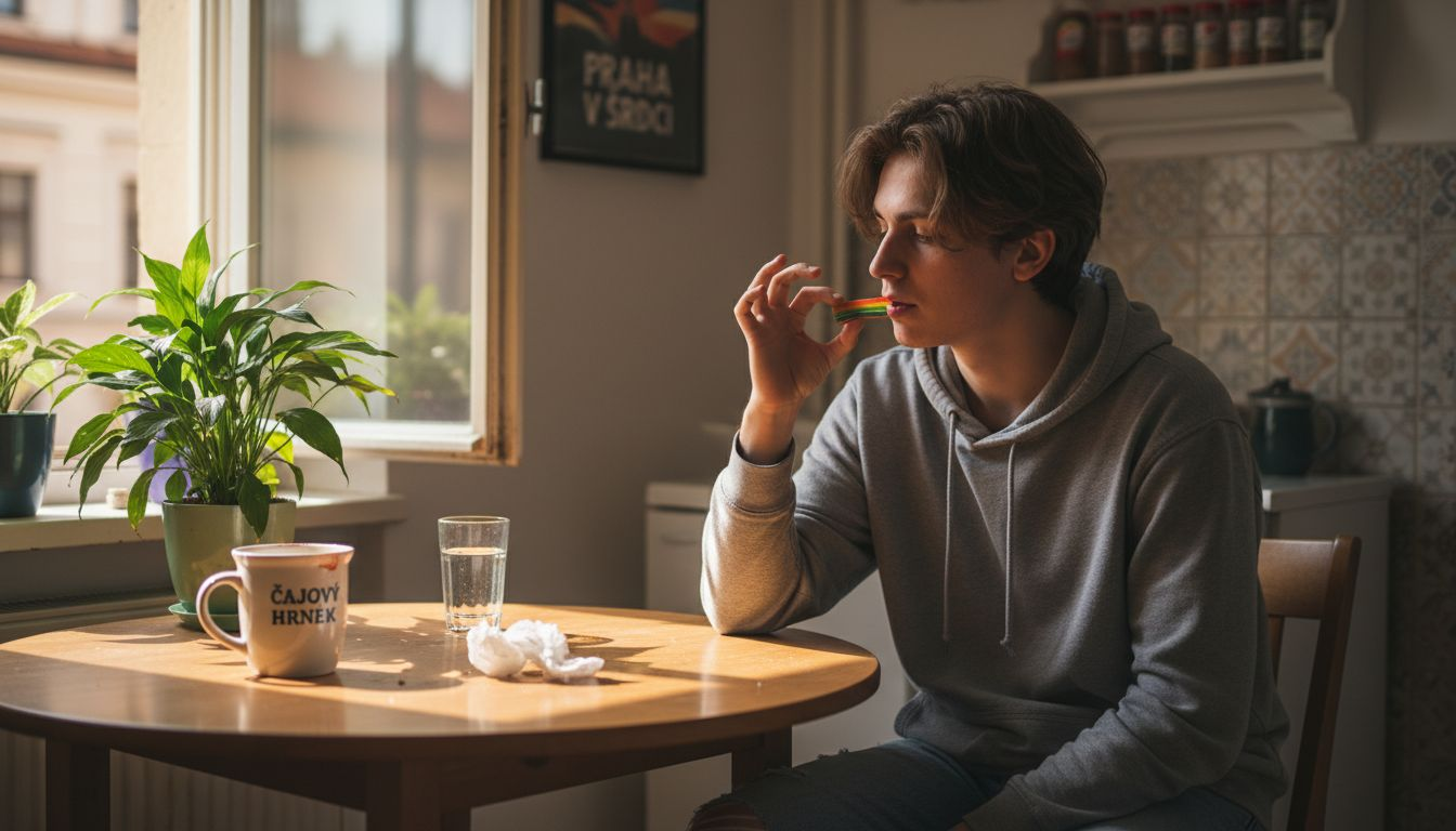 Člověk se chystá sníst gumového medvídka s obsahem konopí.