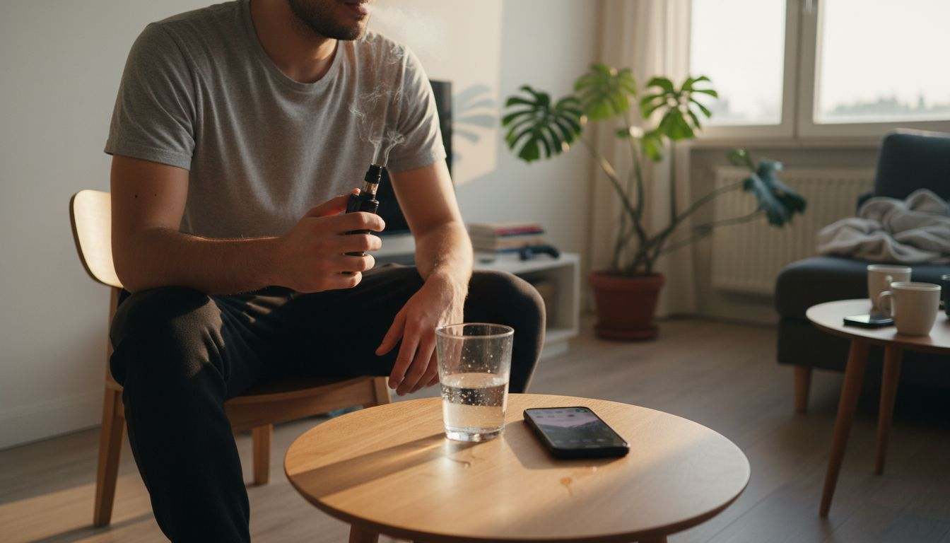 Un hombre disfruta de su vapeador de cannabinoides en casa, rodeado de una mesa llena de cosas desordenadas.