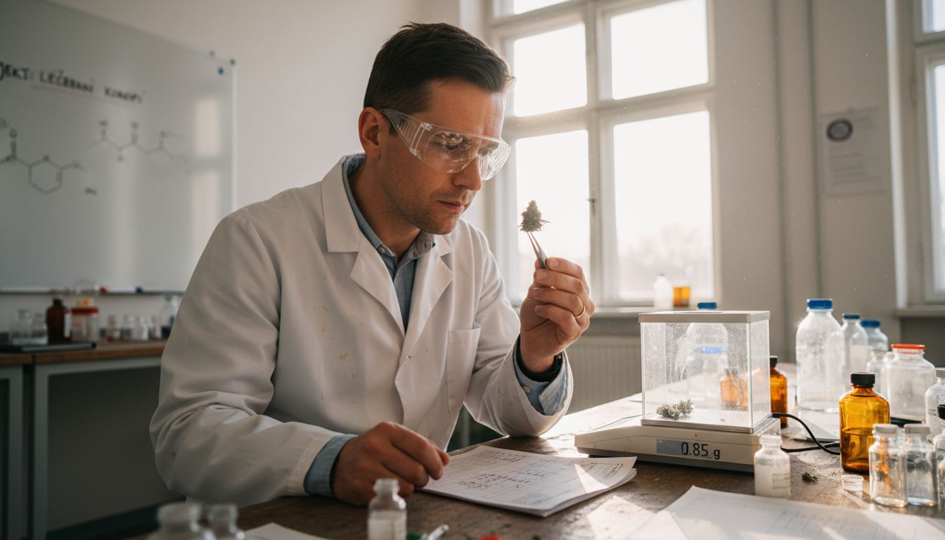 Odborník v laboratoři detailně zkoumá vzorek konopí.