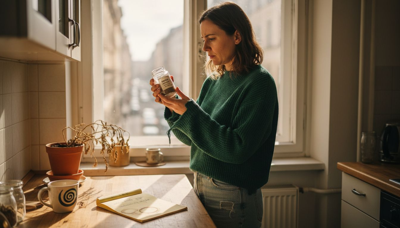 Žena si u kuchyňské linky pozorně prohlíží sklenici s konopím.