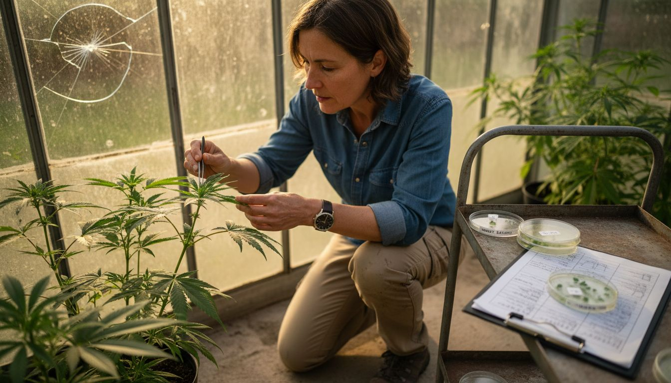 Ein Botaniker begutachtet Cannabispflanzen im Gewächshaus.