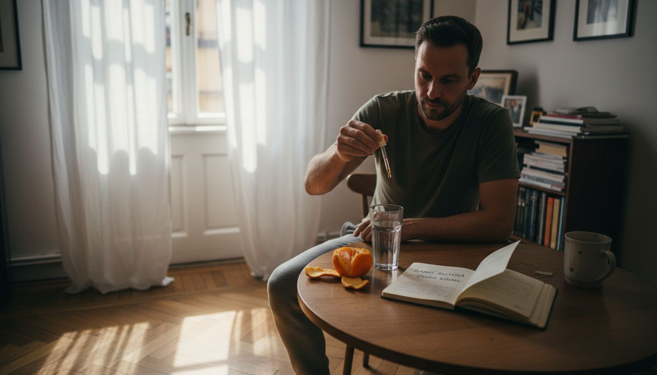 Muž si u snídaně odměřuje kapky CBD oleje.