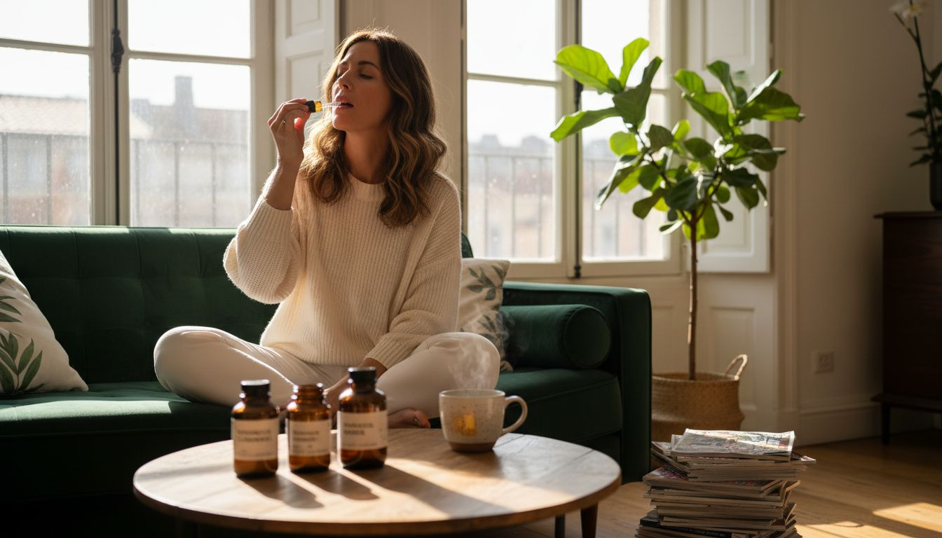 Mujer aplicándose aceite de CBD mientras disfruta de la luz del sol en su acogedor salón