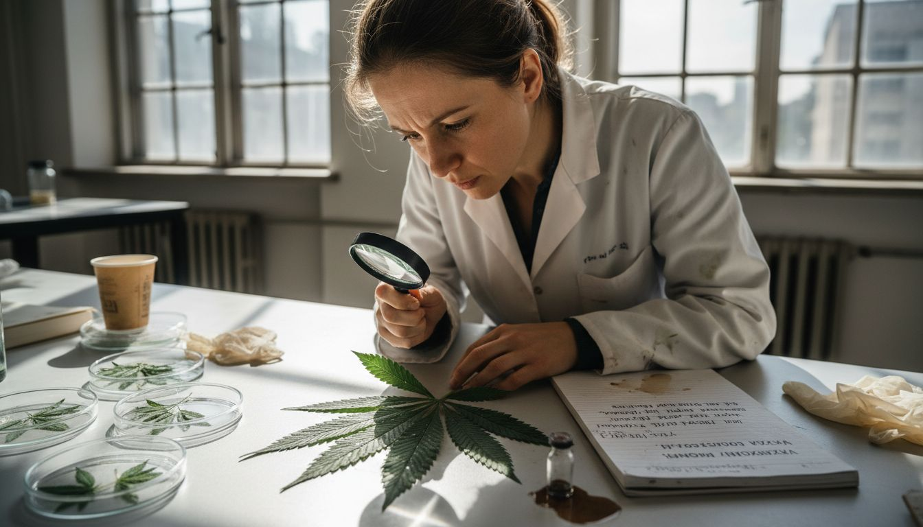 Botanik pečlivě zkoumá čerstvý list konopí bohatý na CBDA.