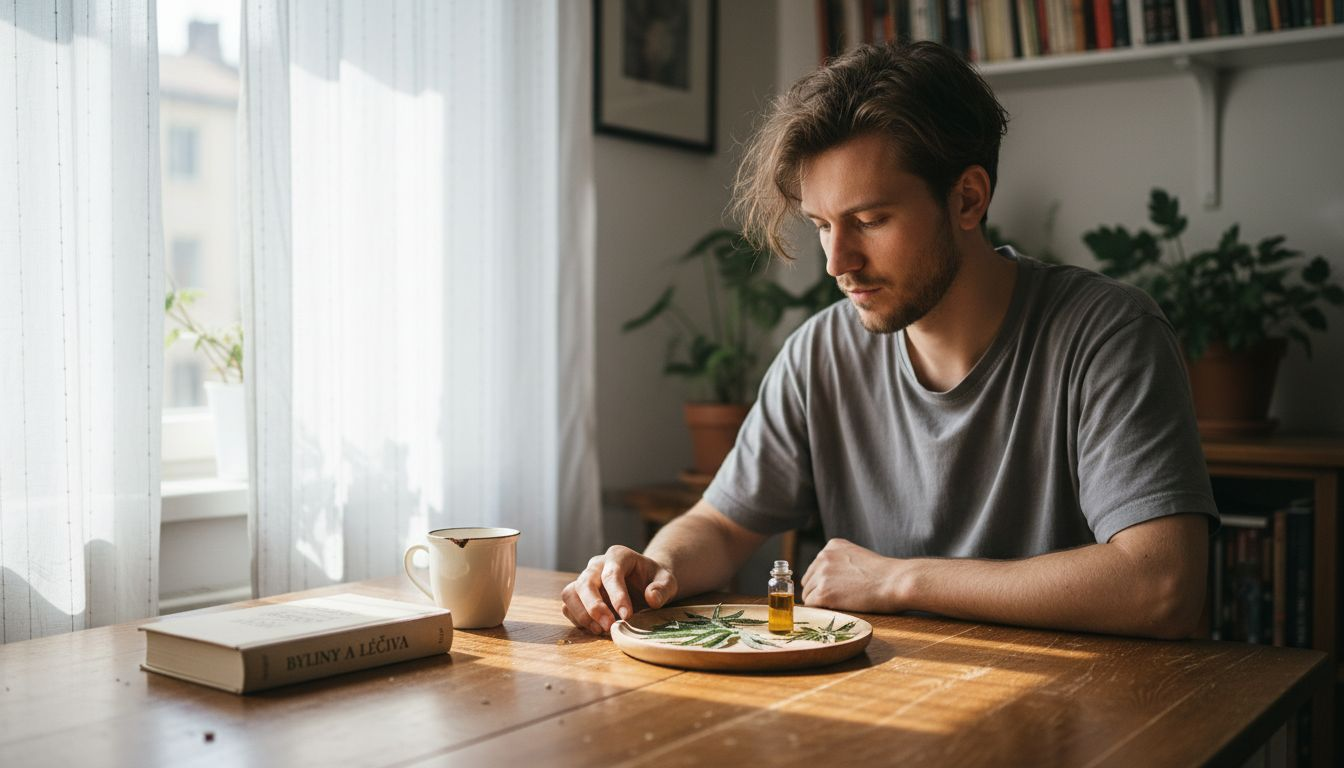 Muž si u stolu pozorně prohlíží lahvičku s olejem obsahujícím CBC kanabinoid.