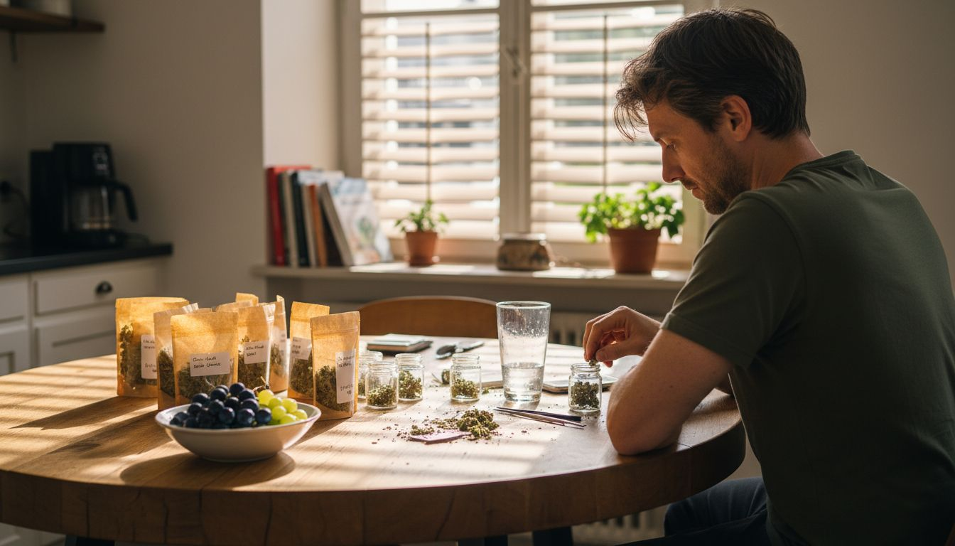 Ein Mann experimentiert direkt am Esstisch mit verschiedenen Cannabinoiden und integriert sie kreativ in seine Gerichte.