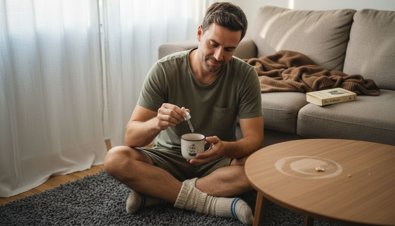 Ein Mann genießt einen entspannten Abend mit CBD auf dem Sofa im Wohnzimmer.