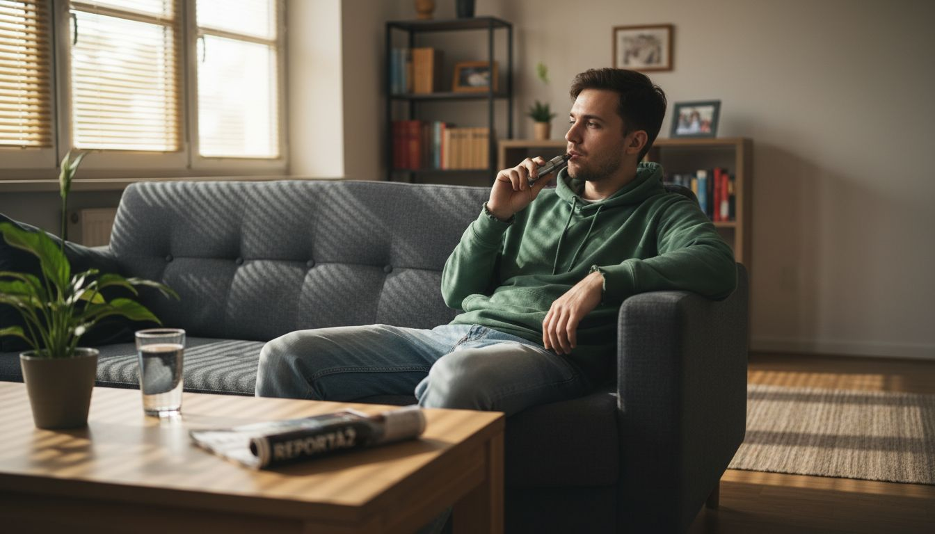 Mladík si doma v obýváku užívá CBD vapování.