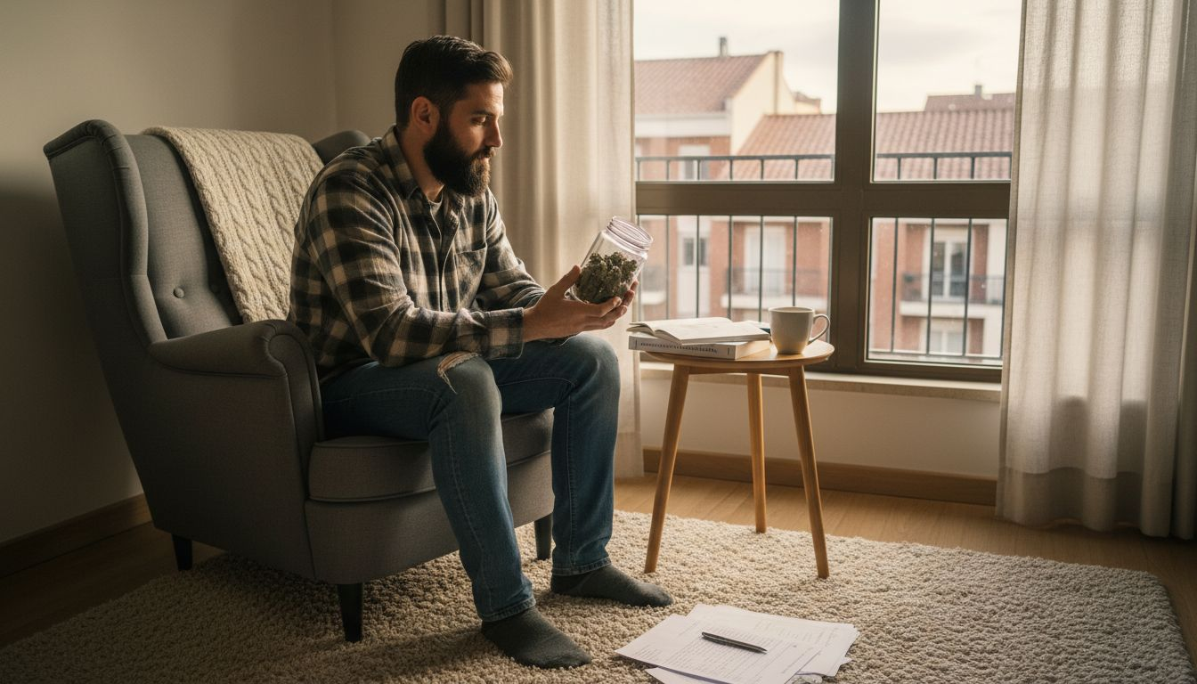 Hombre examinando marihuana para desconectarse y relajarse