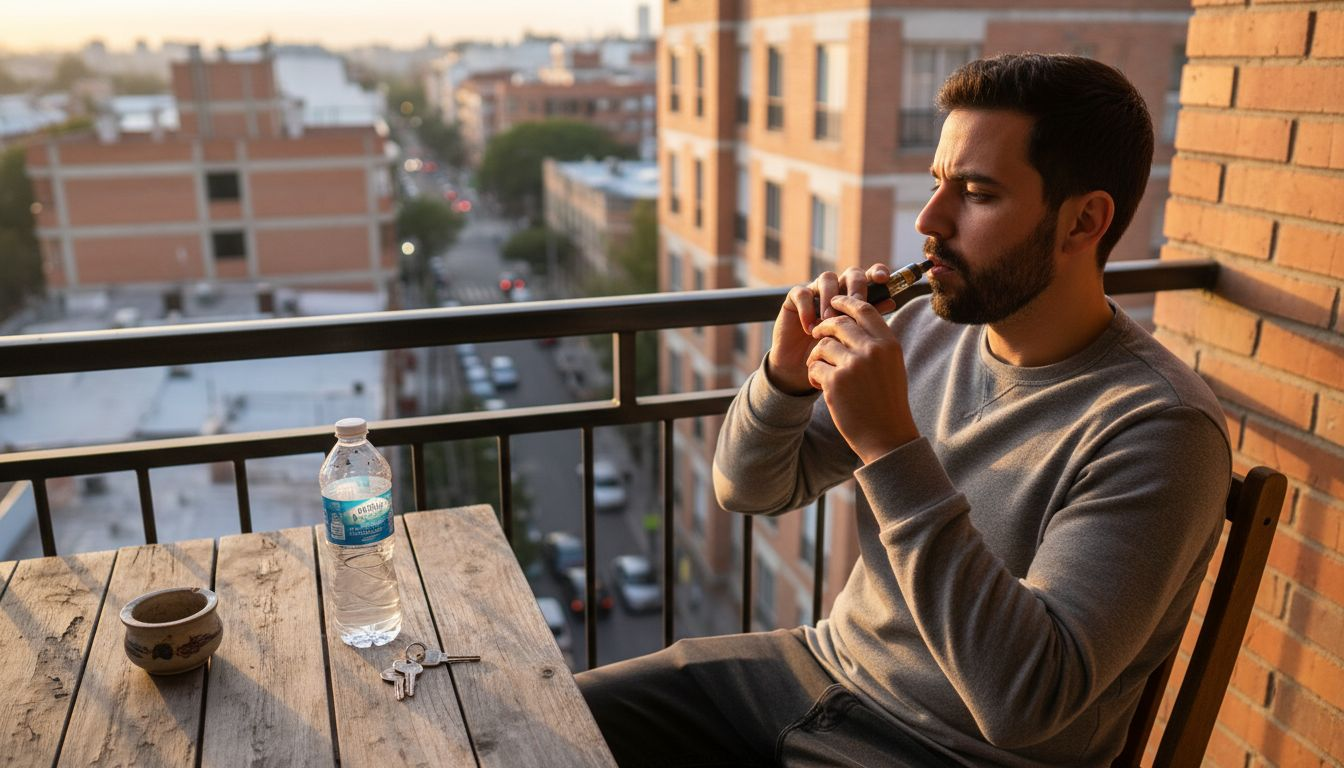 Un hombre disfruta de su vaporizador de cannabis mientras se relaja en el balcón.