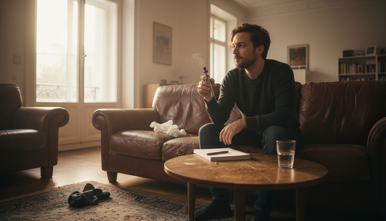 Ein Mann sitzt entspannt auf dem Sofa und raucht einen Joint – eine ganz alltägliche Szene.