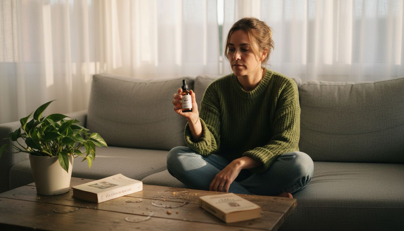 Mujer disfrutando de un momento de tranquilidad en casa gracias al aceite de CBD.