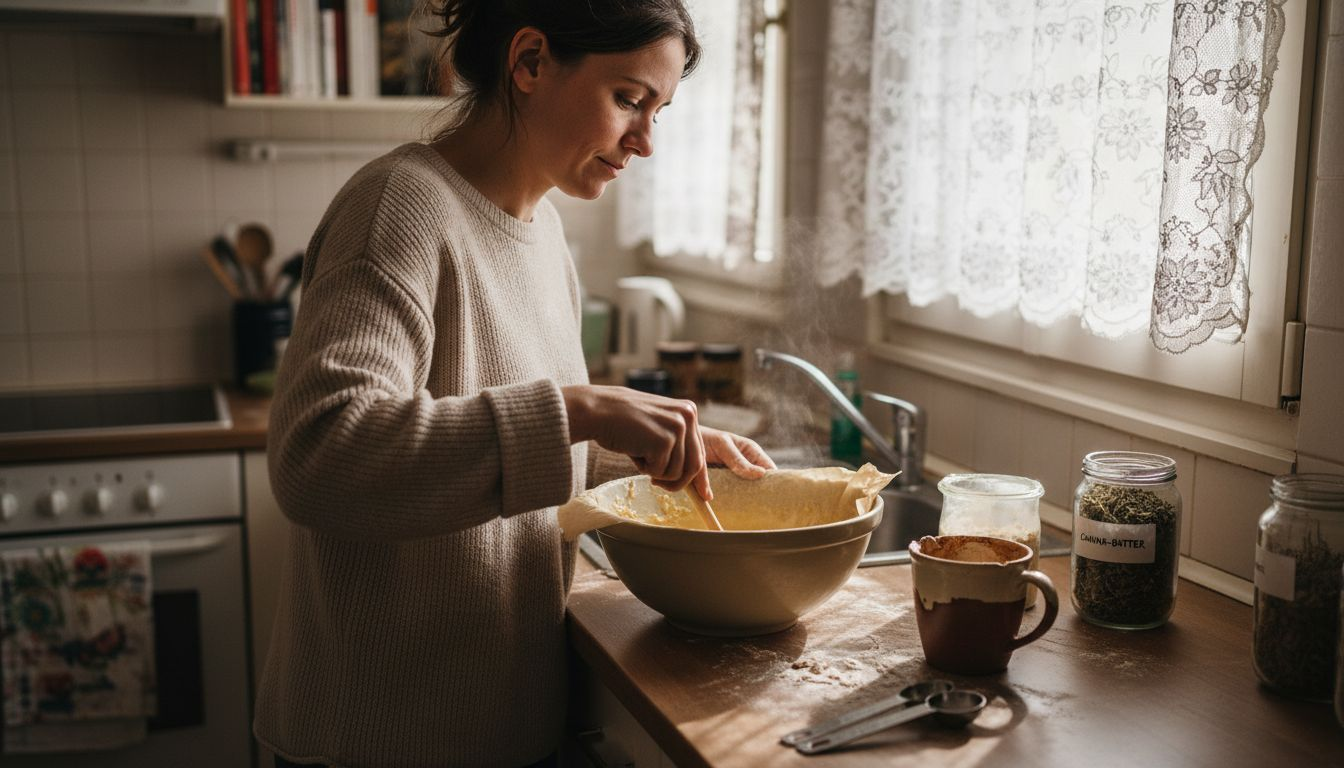 Eine Frau stellt in ihrer Küche essbare Cannabis-Leckereien her.