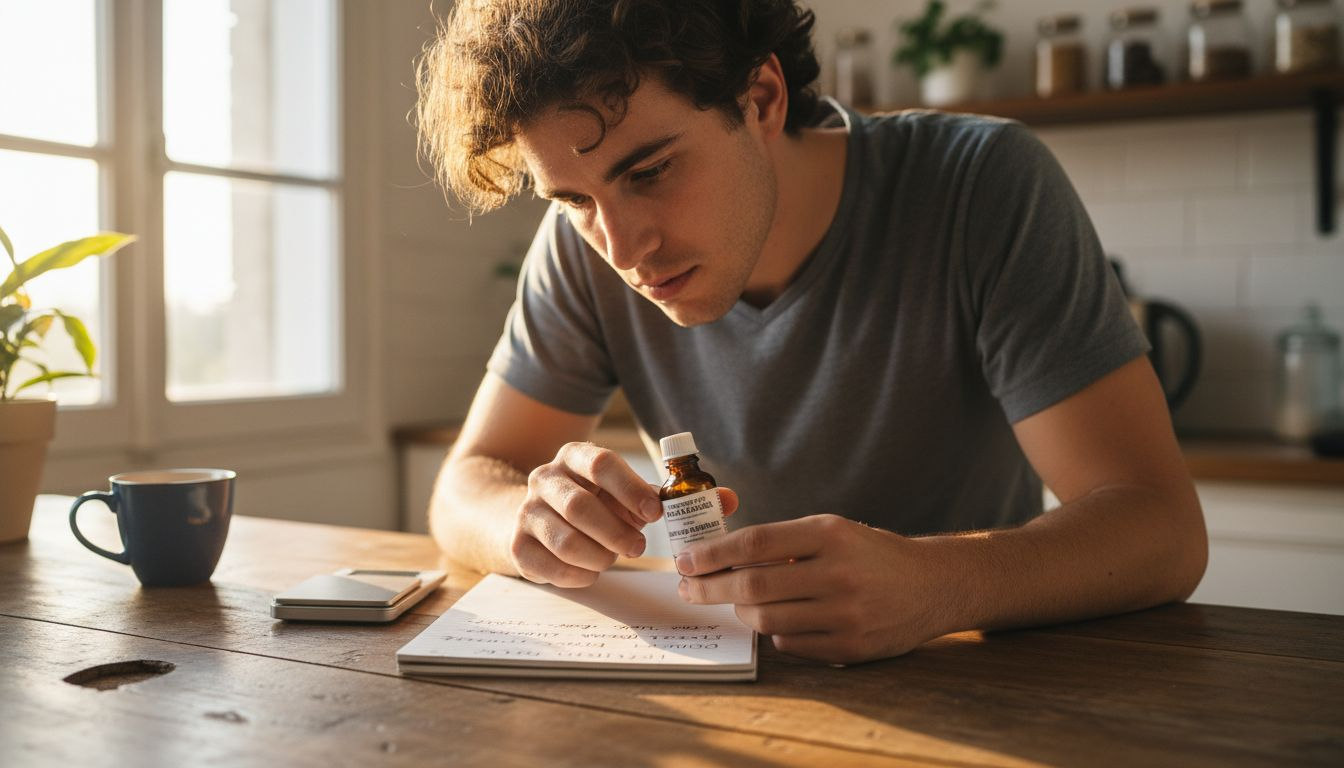 Un joven analiza la cantidad de cannabinoides mientras prepara una receta en la cocina.