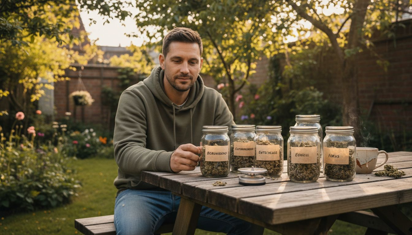 Ein Mann sucht sich verschiedene CBD-Blüten aus, um nach einem stressigen Tag zur Ruhe zu kommen.