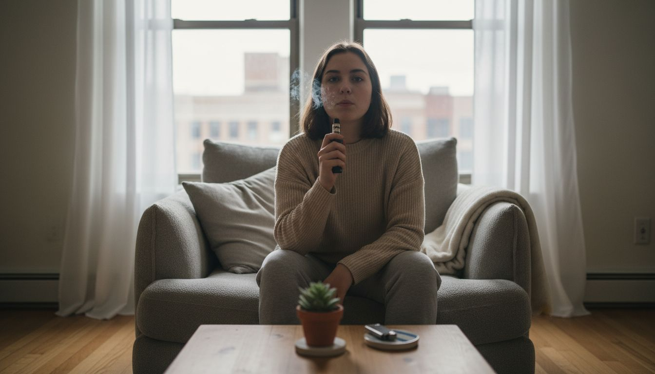 Una mujer disfruta de su vaporizador de CBD mientras se relaja en la comodidad de su salón.