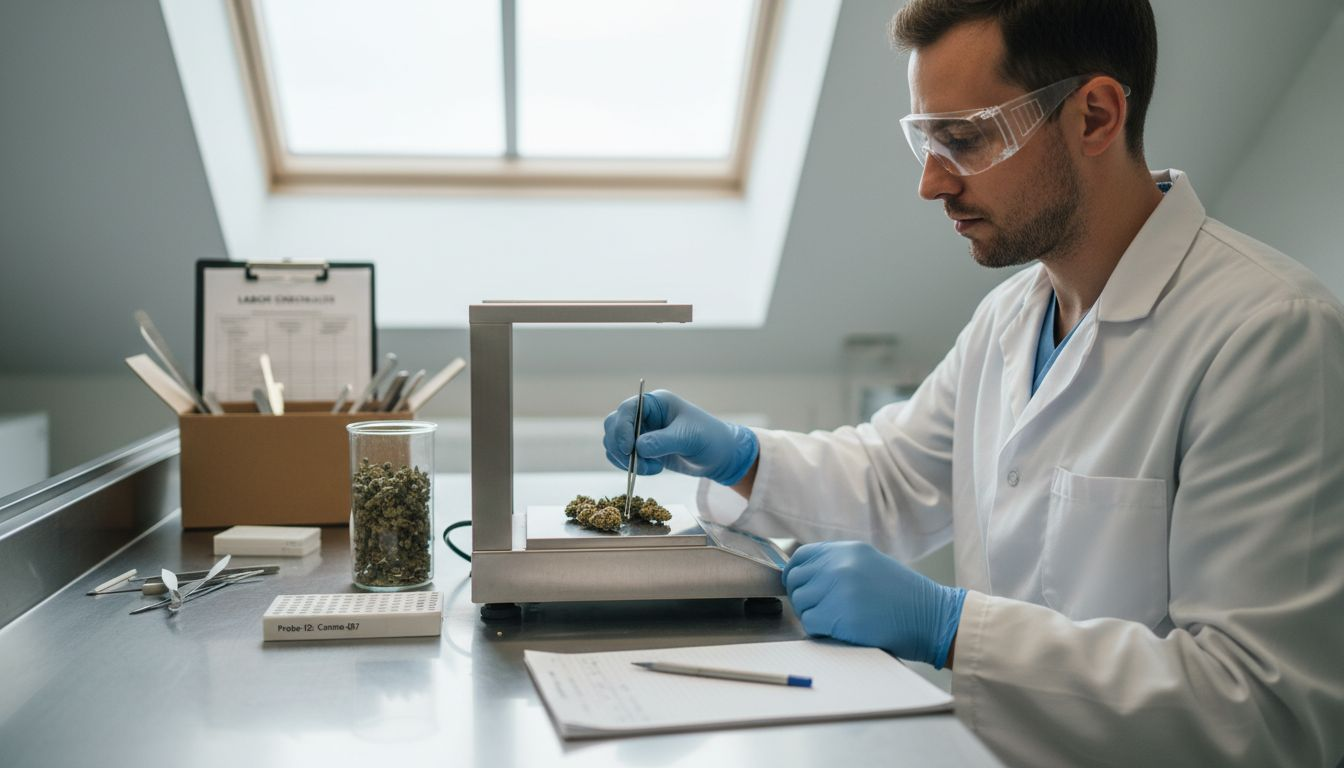 Ein Labormitarbeiter untersucht Cannabisblüten auf ihre Qualität.