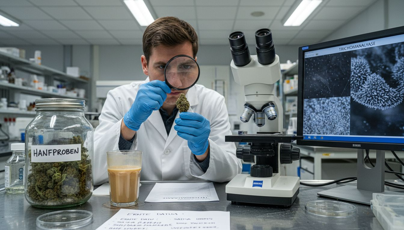 Ein Laborant untersucht Cannabisproben im Labor.