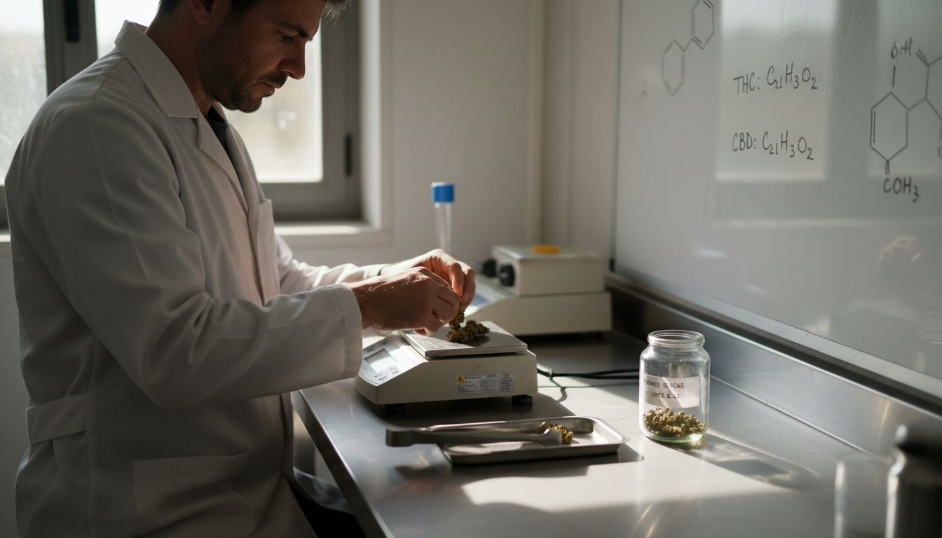 Especialista analizando y pesando flores de cannabis en un laboratorio